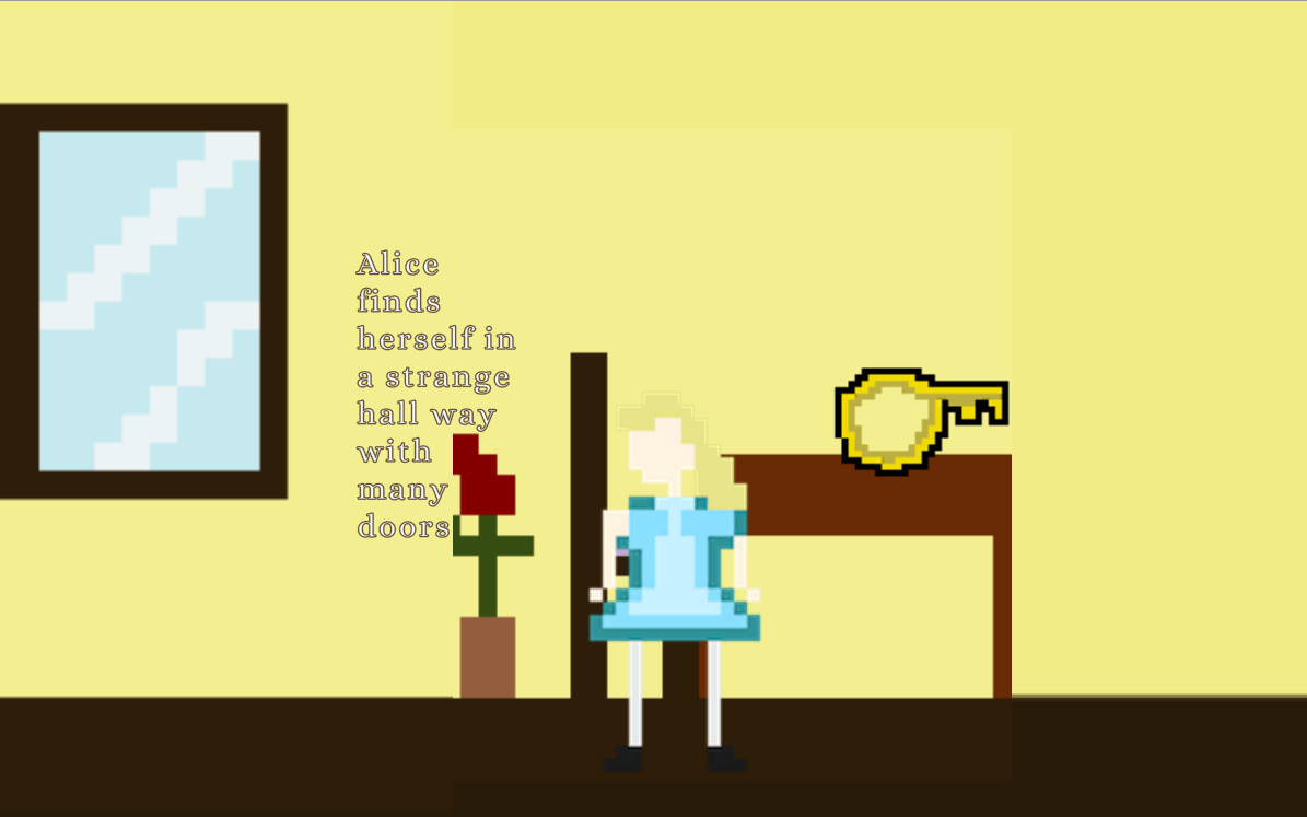 A pixel art depiction of Alice from Alice in Wonderland inside a yellow room with a brown chair and table.